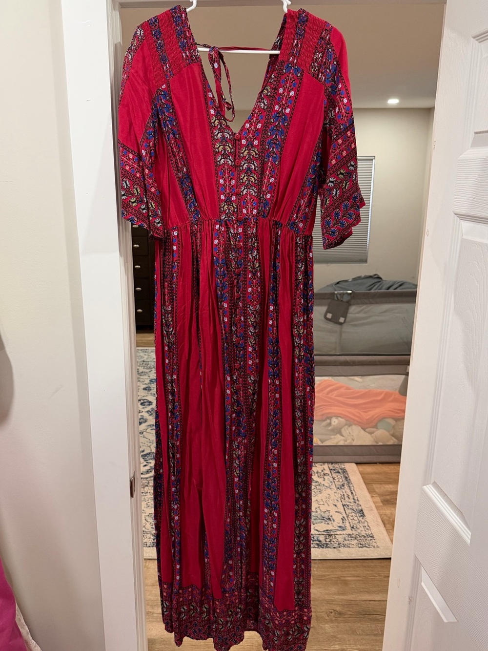 Bohemian Red Maxi Dress with Floral Border